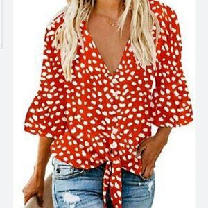 Kancystore Button Down V-Neck Tie Front Blouse